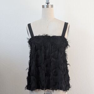 Anthropologie Waverly Grey Black Feathered Cami with Eyelash Fringe Size XS